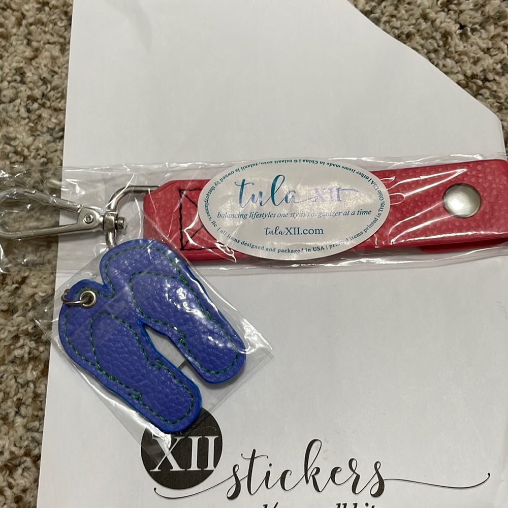 Retired TulaXii coral snap key fob and periwinkle flip flop charm.
